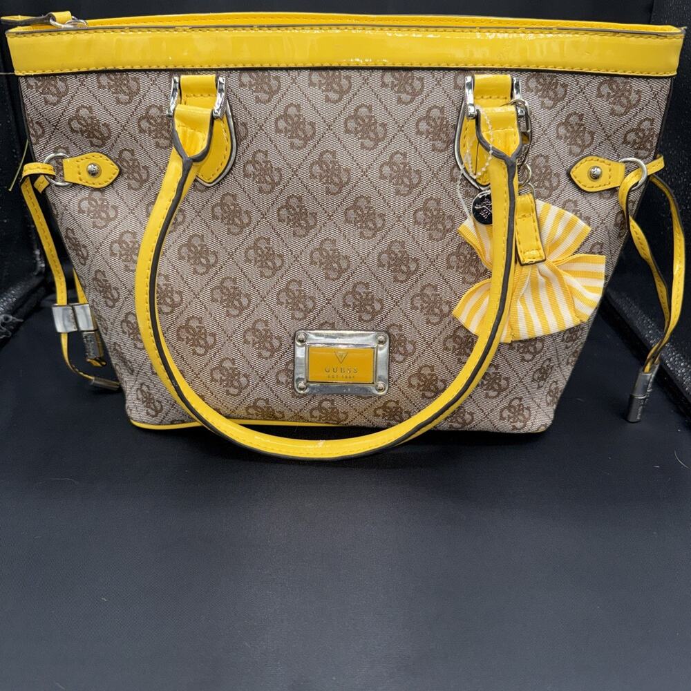 GUESS by Marciano SKYA Box Dome Satchel Bag Purse Handbag Monogram Bow Charm New